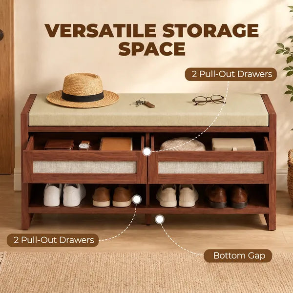 Boho Shoe Bench with Cushioned Seat, 2 PE Rattan Drawers & Open Shelf, 42.5" Entryway Storage Bench for Hallway Bedroom, Brown