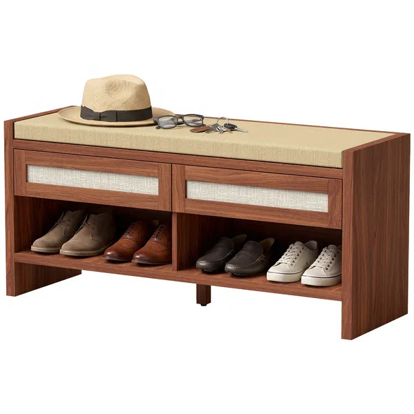 Boho Shoe Bench with Cushioned Seat, 2 PE Rattan Drawers & Open Shelf, 42.5" Entryway Storage Bench for Hallway Bedroom, Brown