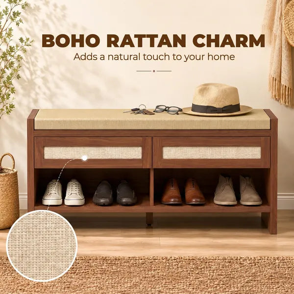 Boho Shoe Bench with Cushioned Seat, 2 PE Rattan Drawers & Open Shelf, 42.5" Entryway Storage Bench for Hallway Bedroom, Brown