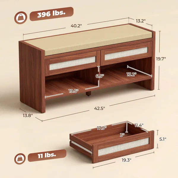 Boho Shoe Bench with Cushioned Seat, 2 PE Rattan Drawers & Open Shelf, 42.5" Entryway Storage Bench for Hallway Bedroom, Brown