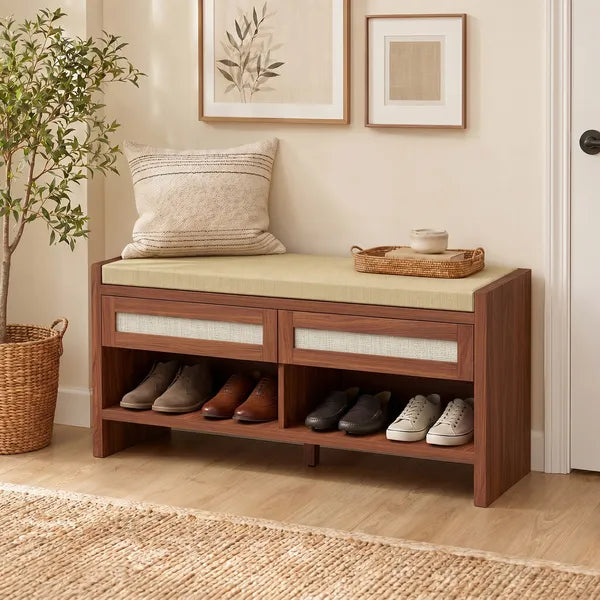 Boho Shoe Bench with Cushioned Seat, 2 PE Rattan Drawers & Open Shelf, 42.5" Entryway Storage Bench for Hallway Bedroom, Brown