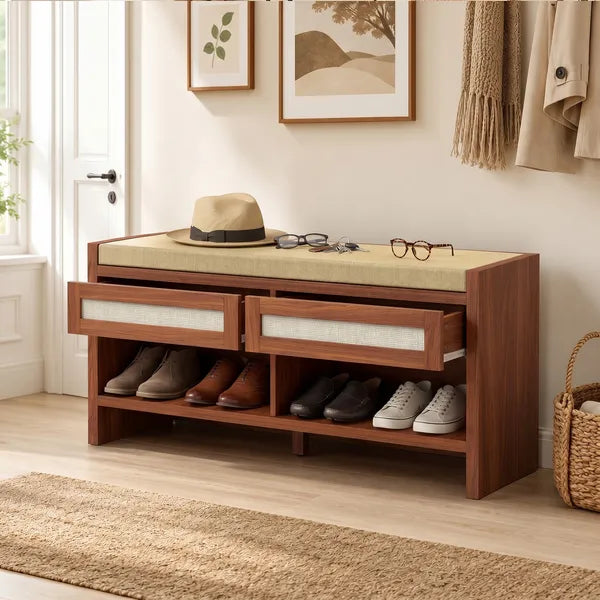 Boho Shoe Bench with Cushioned Seat, 2 PE Rattan Drawers & Open Shelf, 42.5" Entryway Storage Bench for Hallway Bedroom, Brown