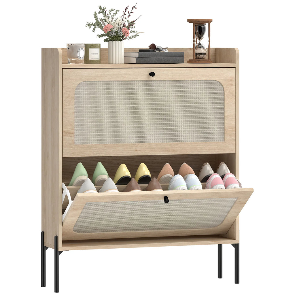 Boho Narrow Shoe Storage Cabinet with 2 Flip Drawers, Rattan Front, Adjustable Shelves, Holds 12-16 Pairs for Entryway Hallway