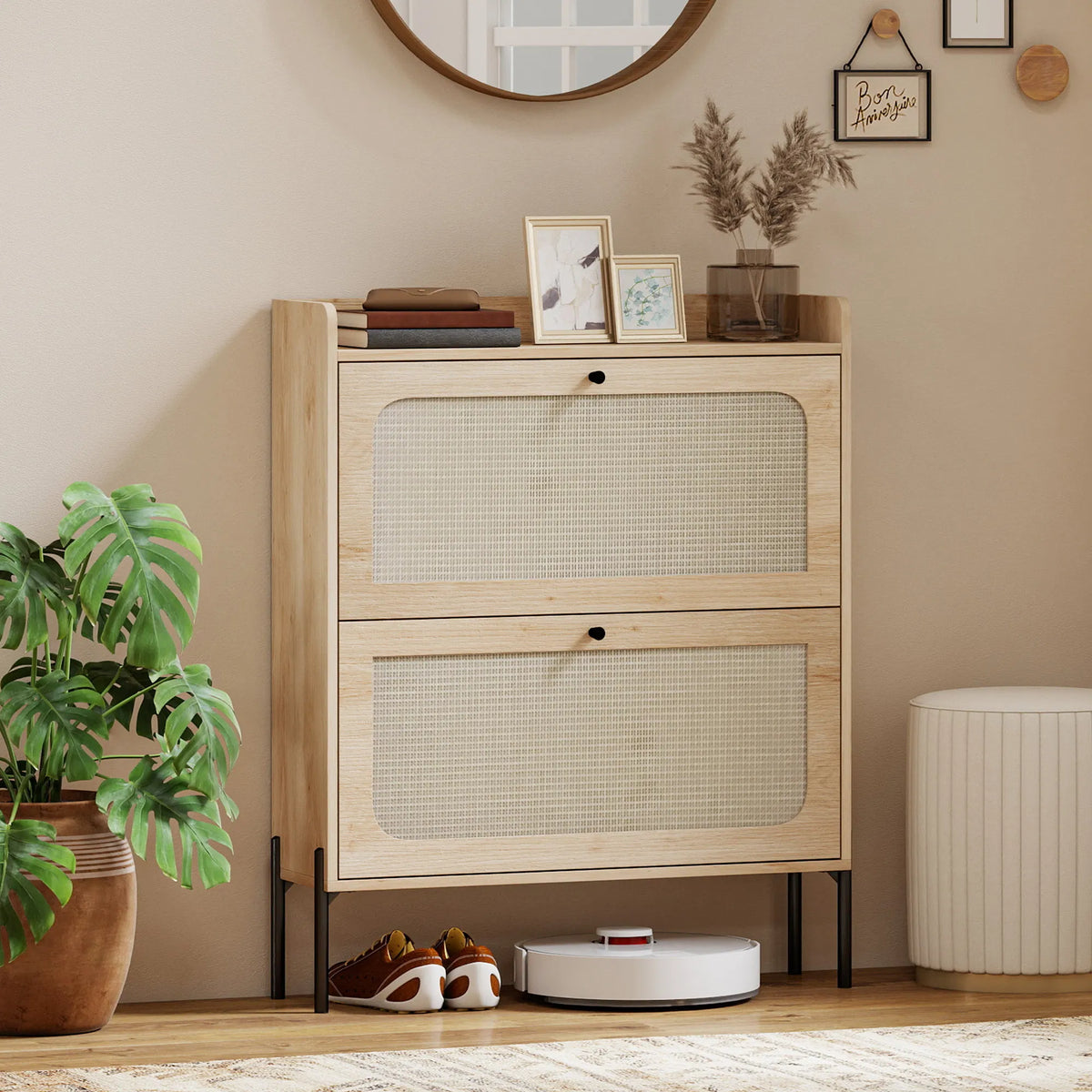 Boho Narrow Shoe Storage Cabinet with 2 Flip Drawers, Rattan Front, Adjustable Shelves, Holds 12-16 Pairs for Entryway Hallway