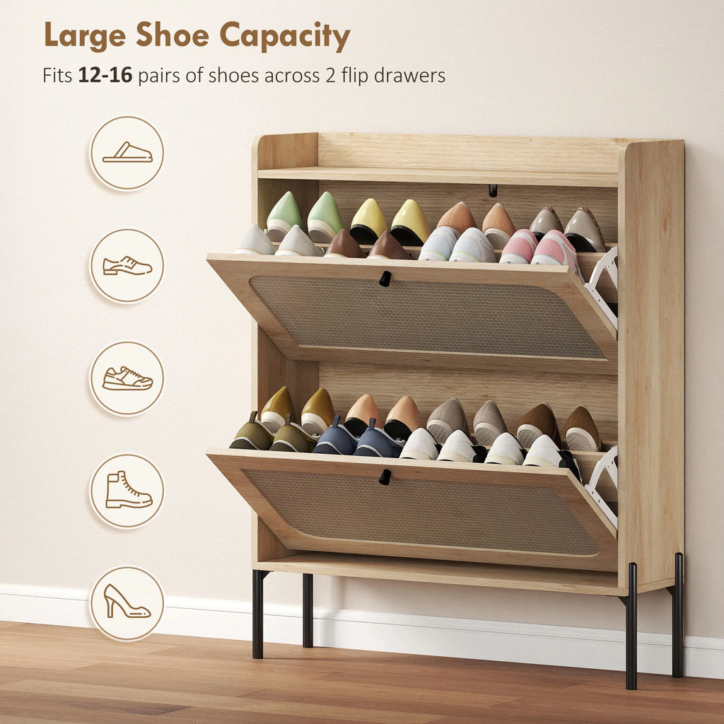 Boho Narrow Shoe Storage Cabinet with 2 Flip Drawers, Rattan Front, Adjustable Shelves, Holds 12-16 Pairs for Entryway Hallway