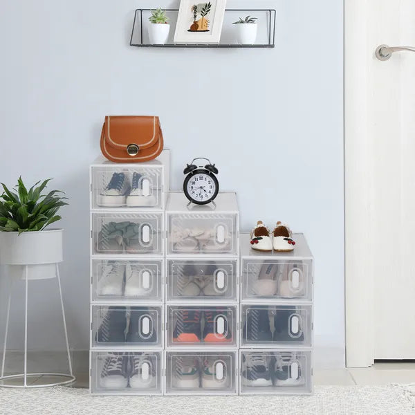 Aeelleea 12 Pack Clear Plastic Shoe Boxes, Stackable Foldable Shoe Storage Organizer for Closet Bedroom Entryway