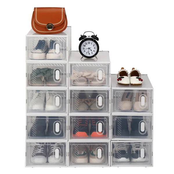 Aeelleea 12 Pack Clear Plastic Shoe Boxes, Stackable Foldable Shoe Storage Organizer for Closet Bedroom Entryway