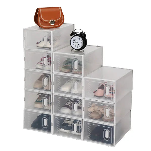 Aeelleea 12 Pack Clear Plastic Shoe Boxes, Stackable Foldable Shoe Storage Organizer for Closet Bedroom Entryway
