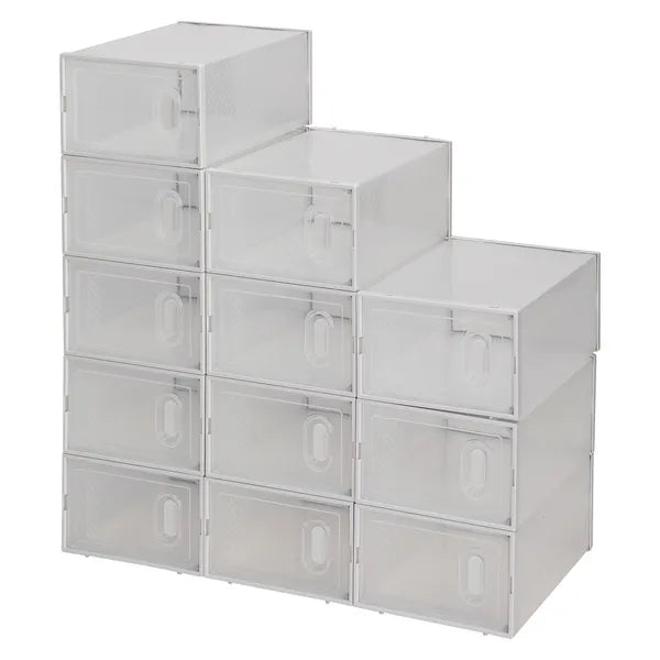 Aeelleea 12 Pack Clear Plastic Shoe Boxes, Stackable Foldable Shoe Storage Organizer for Closet Bedroom Entryway