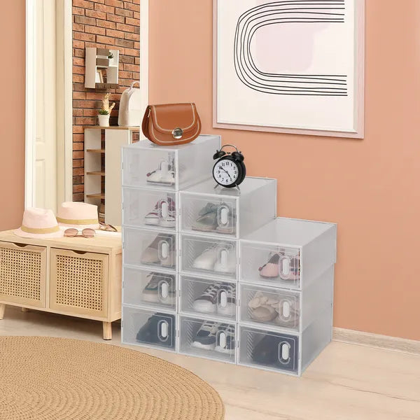 Aeelleea 12 Pack Clear Plastic Shoe Boxes, Stackable Foldable Shoe Storage Organizer for Closet Bedroom Entryway