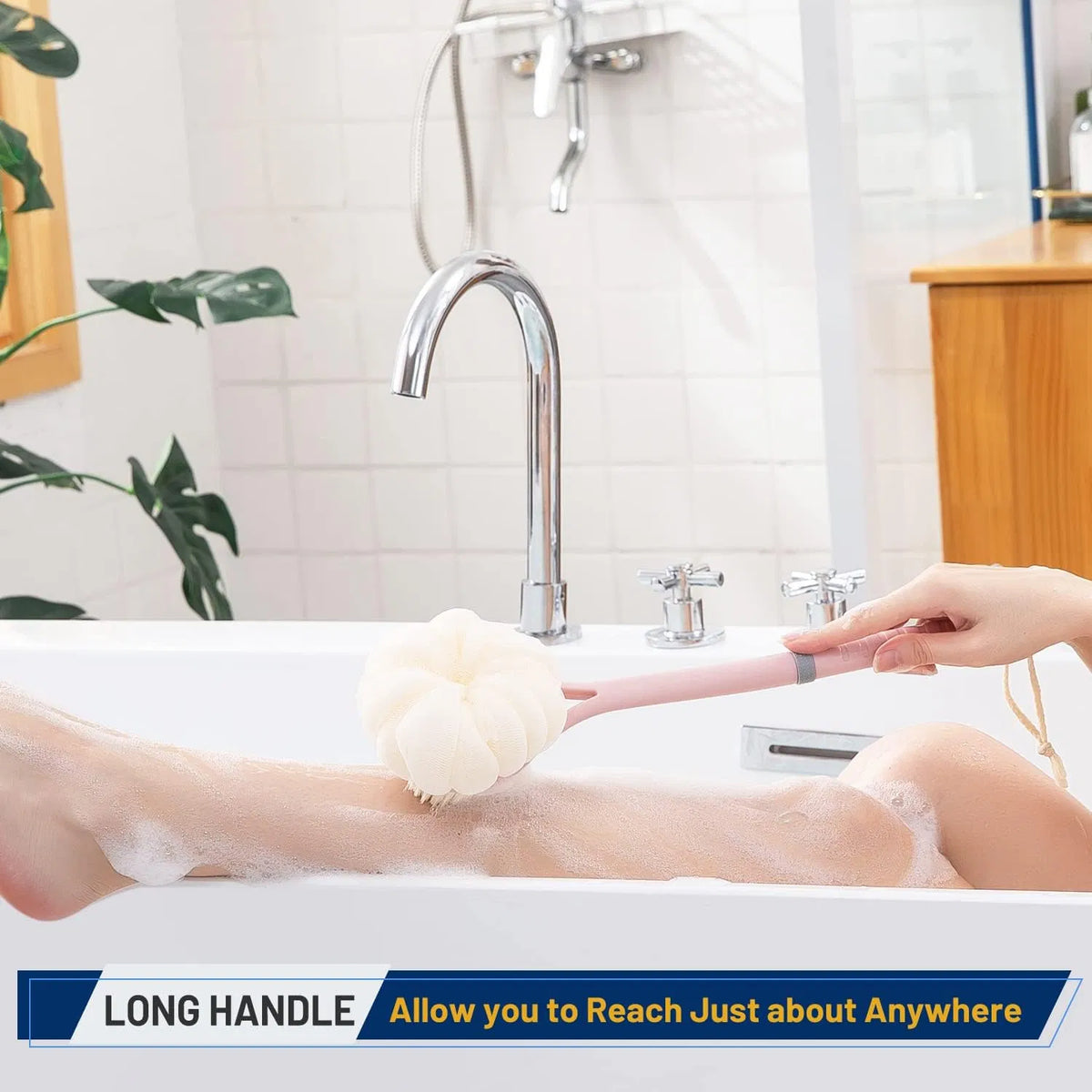 2‑in‑1 Long‑Handle Shower Body Brush, 14" Back Scrubber with Soft Bristles & Pumpkin Loofah Sponge for Wet & Dry Skin Exfoliating Massage for Men & Women