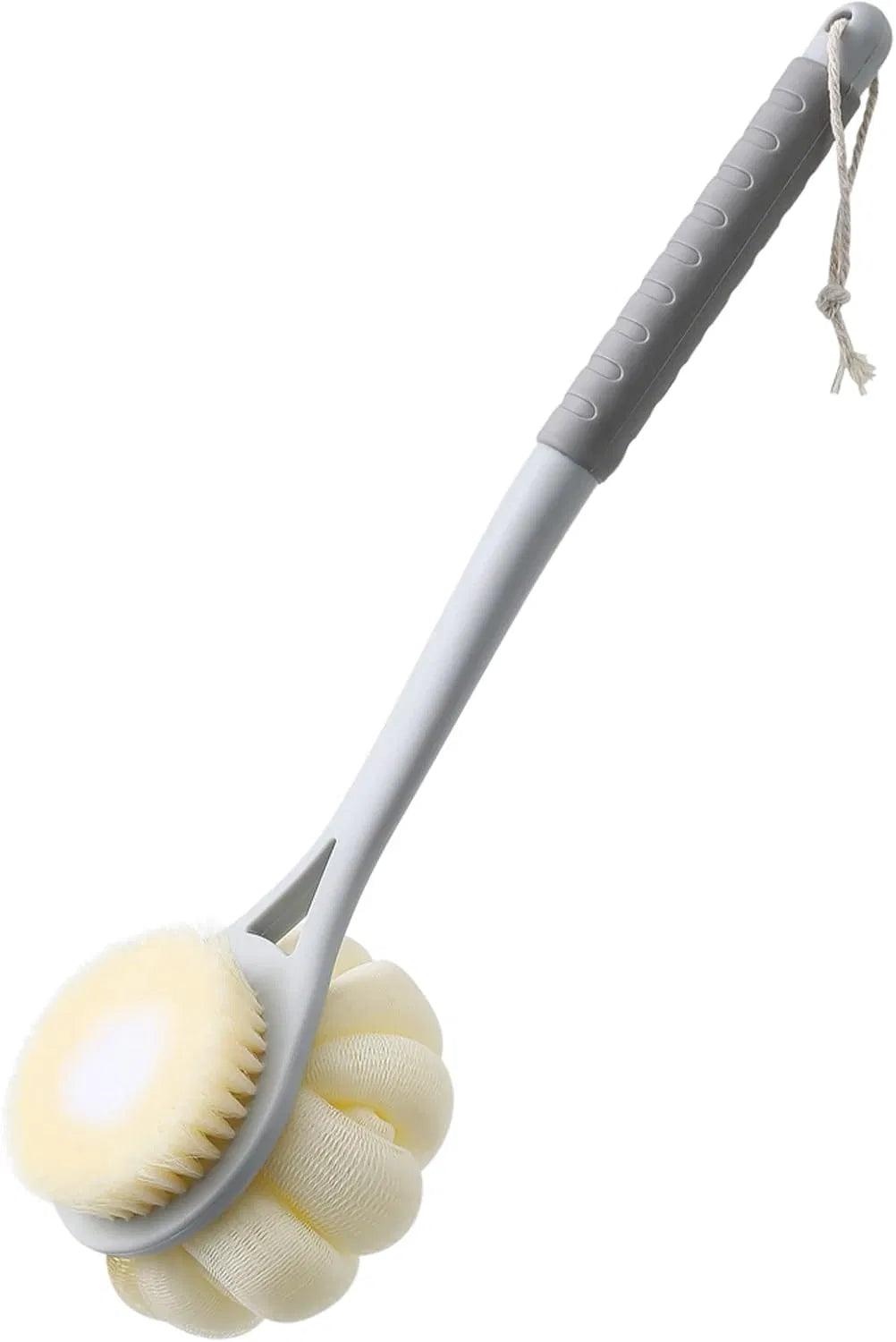 2‑in‑1 Long‑Handle Shower Body Brush, 14" Back Scrubber with Soft Bristles & Pumpkin Loofah Sponge for Wet & Dry Exfoliating Massage, Gray for Men & Women