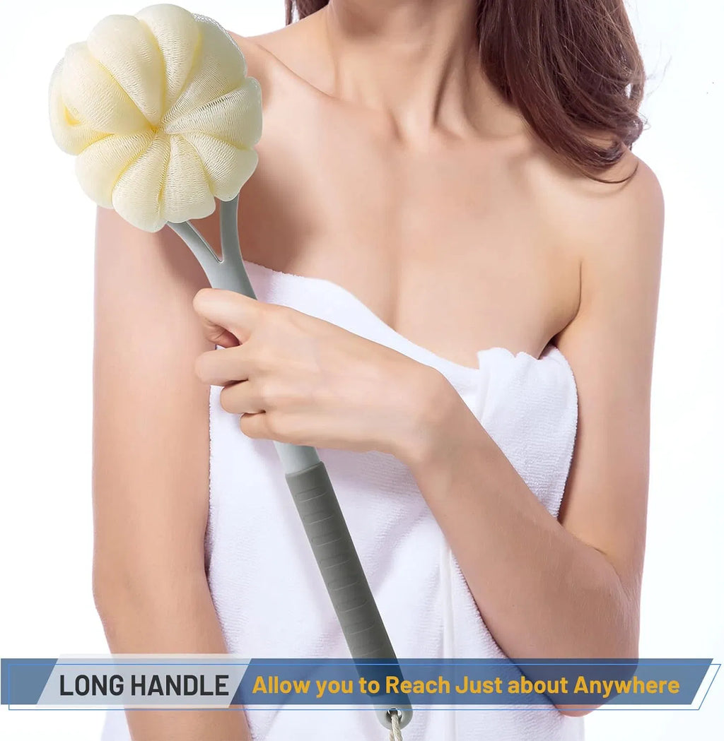 2‑in‑1 Long‑Handle Shower Body Brush, 14" Back Scrubber with Soft Bristles & Pumpkin Loofah Sponge for Wet & Dry Exfoliating Massage, Gray for Men & Women