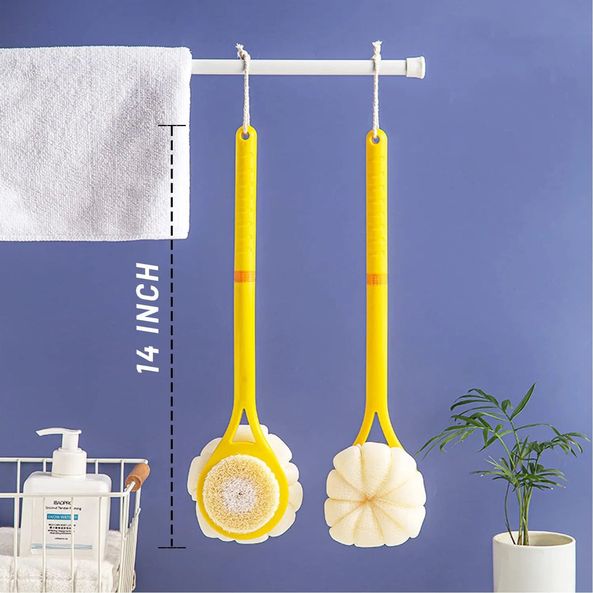 2‑in‑1 Long‑Handle Shower Body Brush, 14" Back Scrubber with Soft Bristles & Pumpkin Loofah Sponge for Wet & Dry Skin Exfoliating Massage for Men & Women