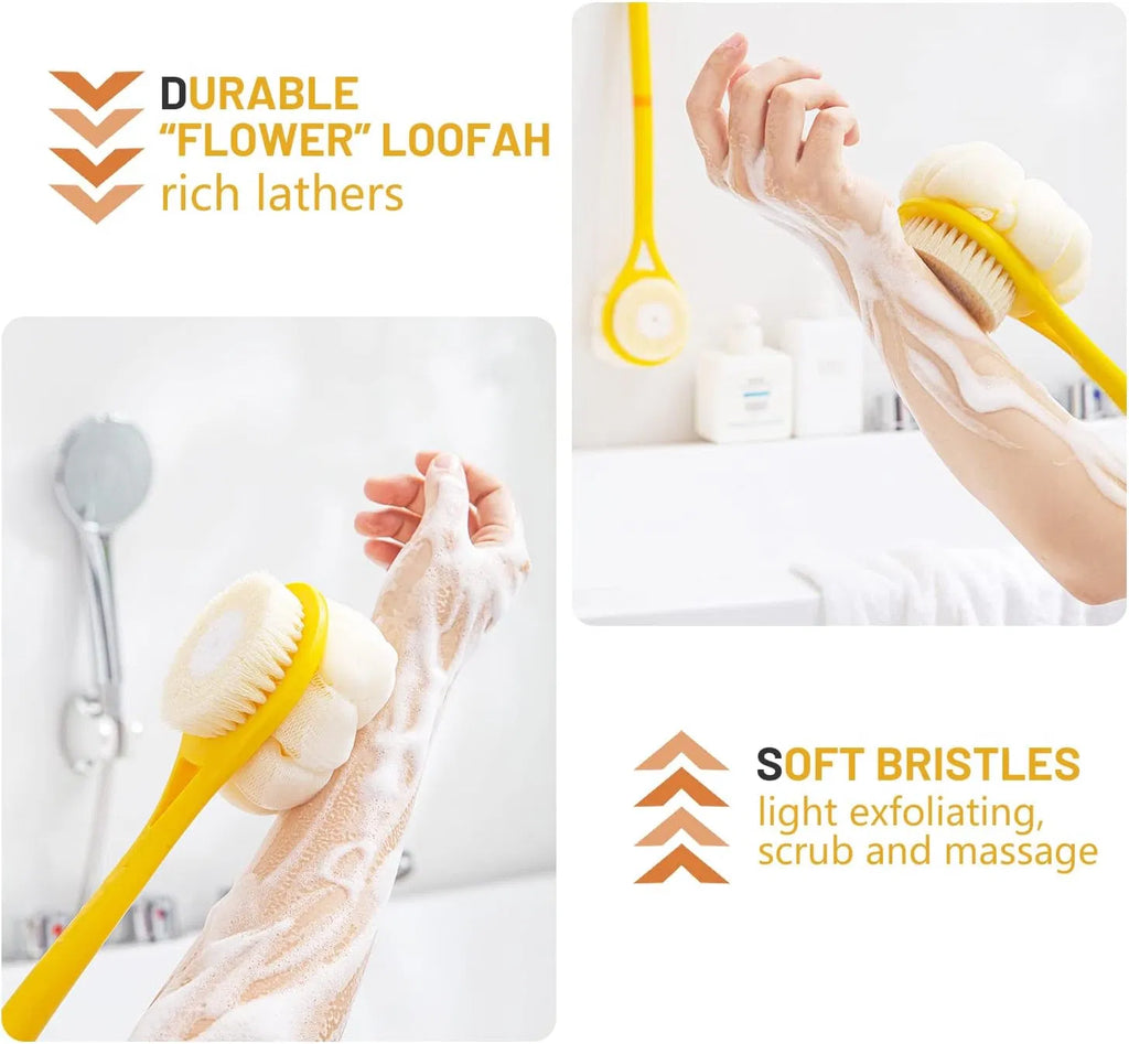2‑in‑1 Long‑Handle Shower Body Brush, 14" Back Scrubber with Soft Bristles & Pumpkin Loofah Sponge for Wet & Dry Skin Exfoliating Massage for Men & Women