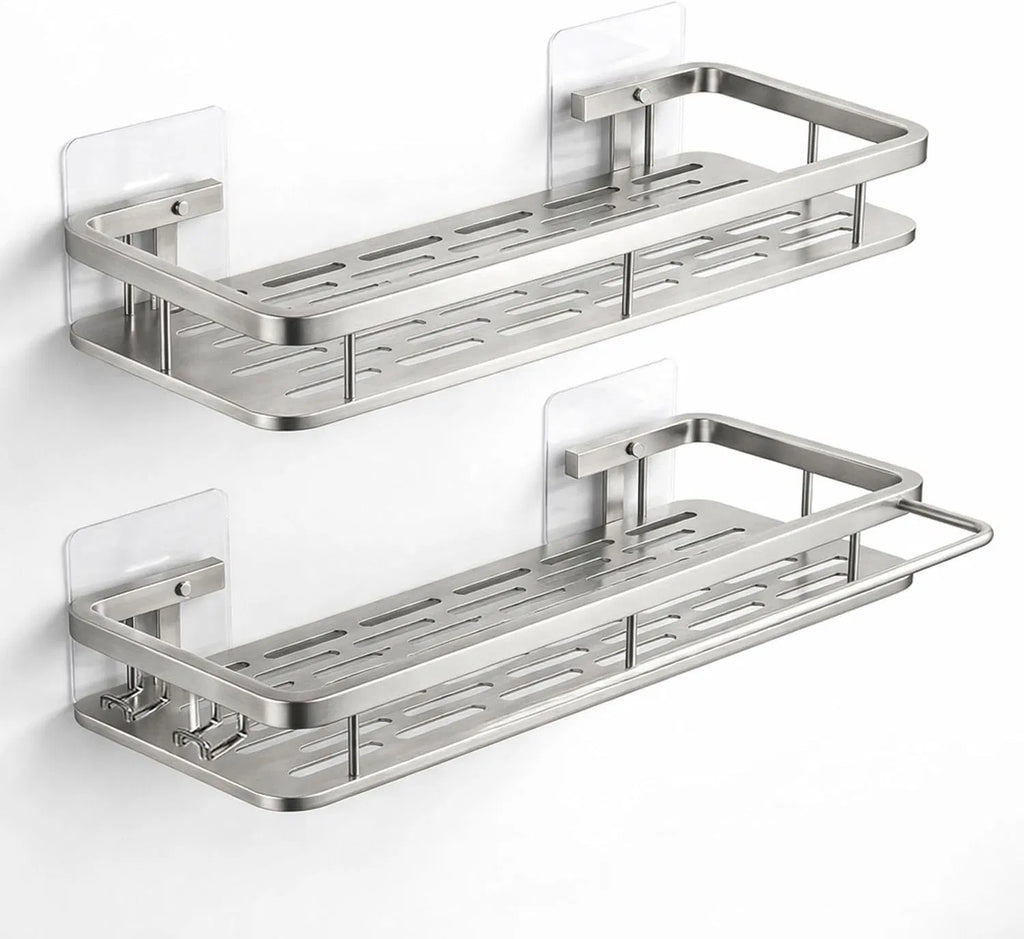 2-Pack Adhesive Shower Caddy, Rustproof Aluminum Bathroom Shower Shelf with Hooks, No Drill Shampoo Organizer with Towel Bar for Bathroom Storage