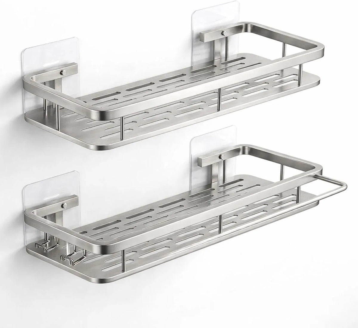 2-Pack Adhesive Shower Caddy, Rustproof Aluminum Bathroom Shower Shelf with Hooks, No Drill Shampoo Organizer with Towel Bar for Bathroom Storage