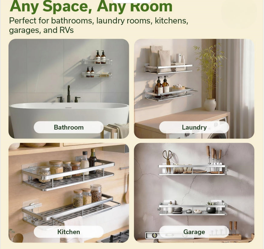 2-Pack Adhesive Shower Caddy, Rustproof Aluminum Bathroom Shower Shelf with Hooks, No Drill Shampoo Organizer with Towel Bar for Bathroom Storage