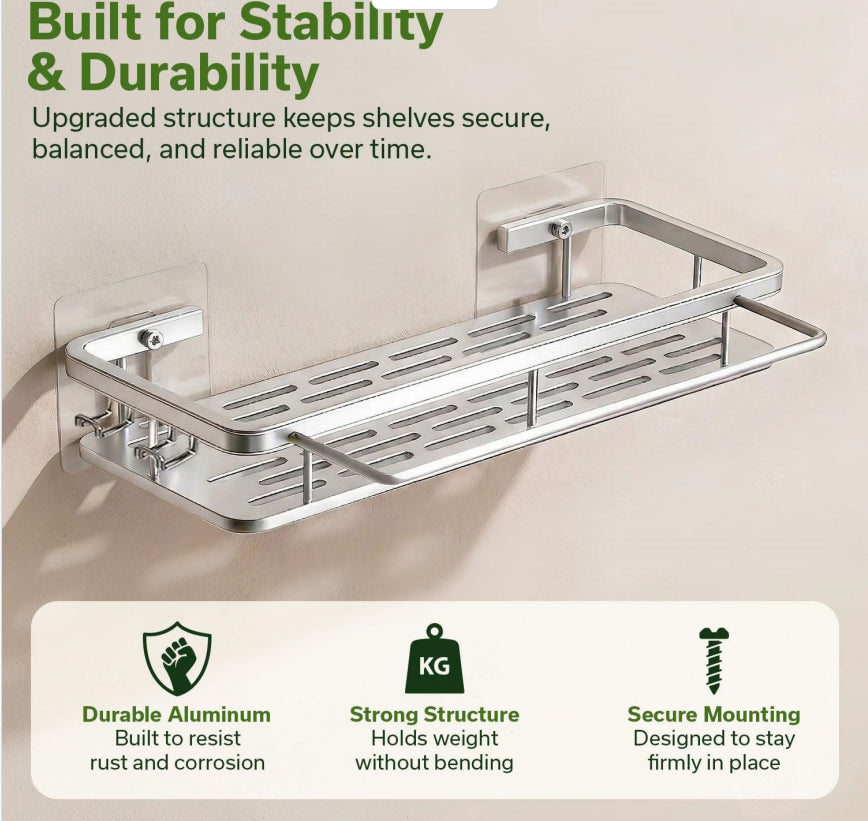 2-Pack Adhesive Shower Caddy, Rustproof Aluminum Bathroom Shower Shelf with Hooks, No Drill Shampoo Organizer with Towel Bar for Bathroom Storage