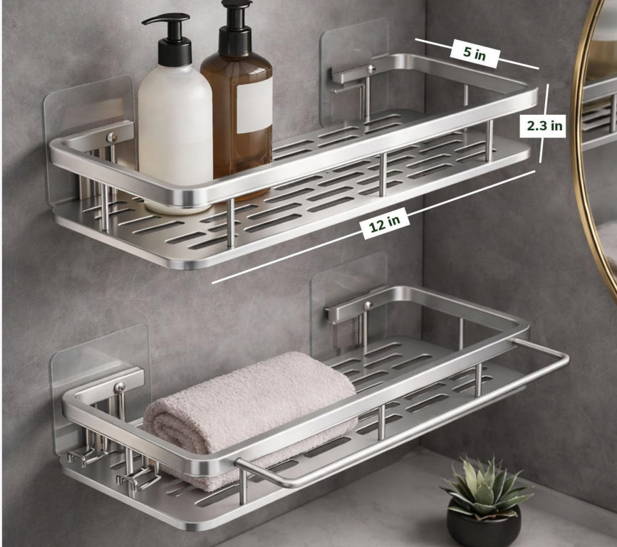 2-Pack Adhesive Shower Caddy, Rustproof Aluminum Bathroom Shower Shelf with Hooks, No Drill Shampoo Organizer with Towel Bar for Bathroom Storage