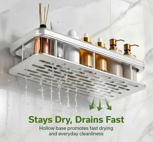 2-Pack Adhesive Shower Caddy, Rustproof Aluminum Bathroom Shower Shelf with Hooks, No Drill Shampoo Organizer with Towel Bar for Bathroom Storage