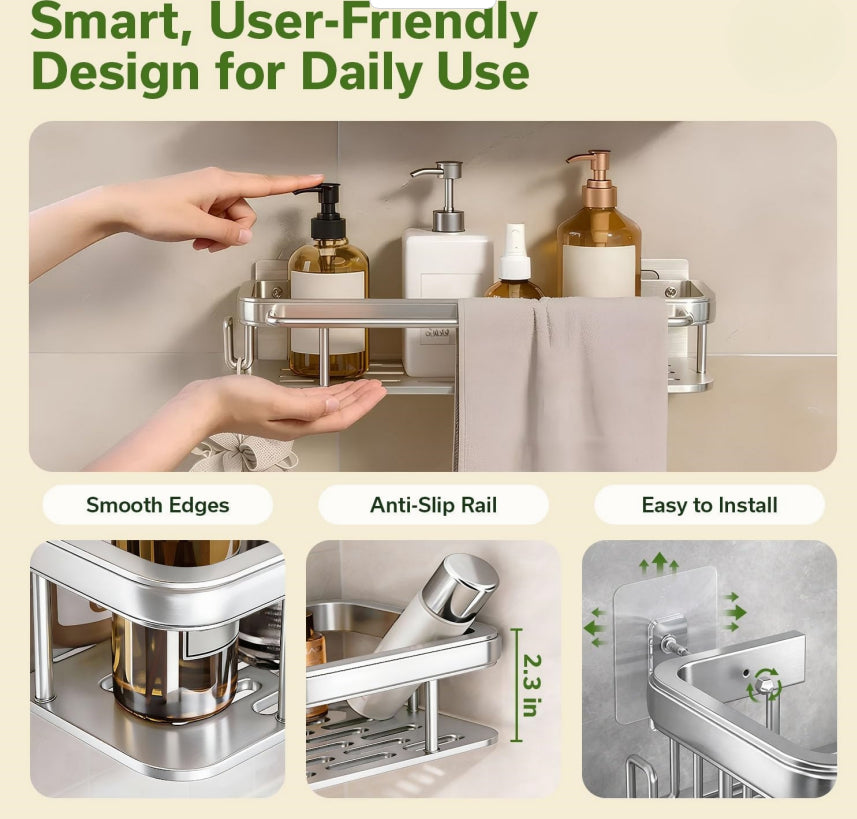 2-Pack Adhesive Shower Caddy, Rustproof Aluminum Bathroom Shower Shelf with Hooks, No Drill Shampoo Organizer with Towel Bar for Bathroom Storage