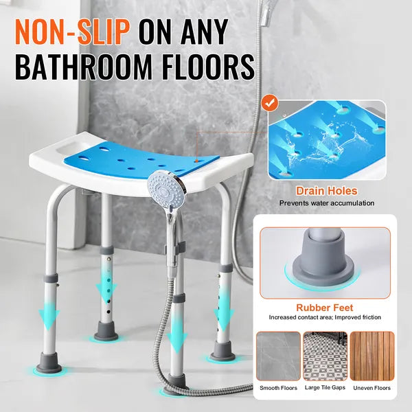 Adjustable Shower Chair with Non-Slip Feet, Drainage Seat, 350 lb Capacity, Bath & Tub Stool, Blue/White