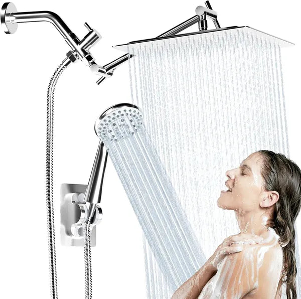 Aeelleea 8" Rain Shower Head Combo, High Pressure Dual Shower System with 5-Spray Handheld, 11" Extension Arm, Chrome 304 Stainless Steel