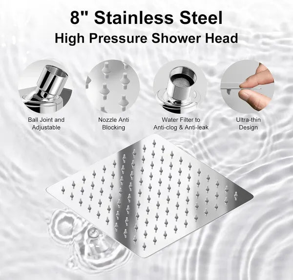 Aeelleea 8" Rain Shower Head Combo, High Pressure Dual Shower System with 5-Spray Handheld, 11" Extension Arm, Chrome 304 Stainless Steel