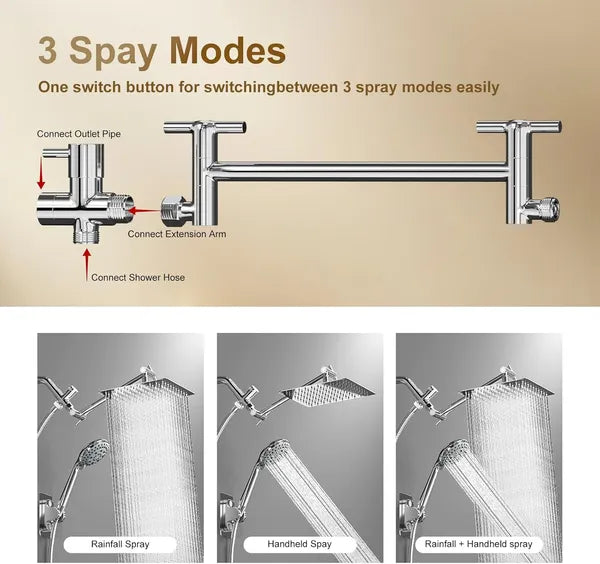 Aeelleea 8" Rain Shower Head Combo, High Pressure Dual Shower System with 5-Spray Handheld, 11" Extension Arm, Chrome 304 Stainless Steel