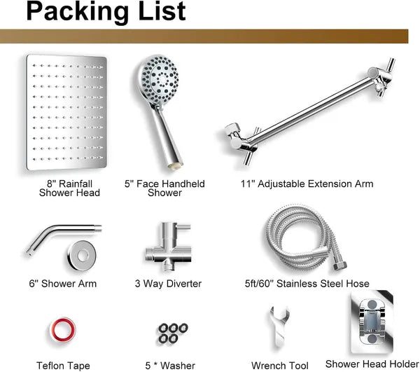 Aeelleea 8" Rain Shower Head Combo, High Pressure Dual Shower System with 5-Spray Handheld, 11" Extension Arm, Chrome 304 Stainless Steel