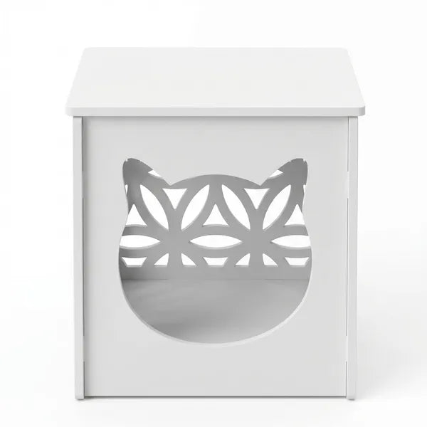 Aeelleea Pet Side Table & Cat House with Warm Light, Indoor Outdoor Cube Cat Condo, White Nightstand Style Kitty Shelter