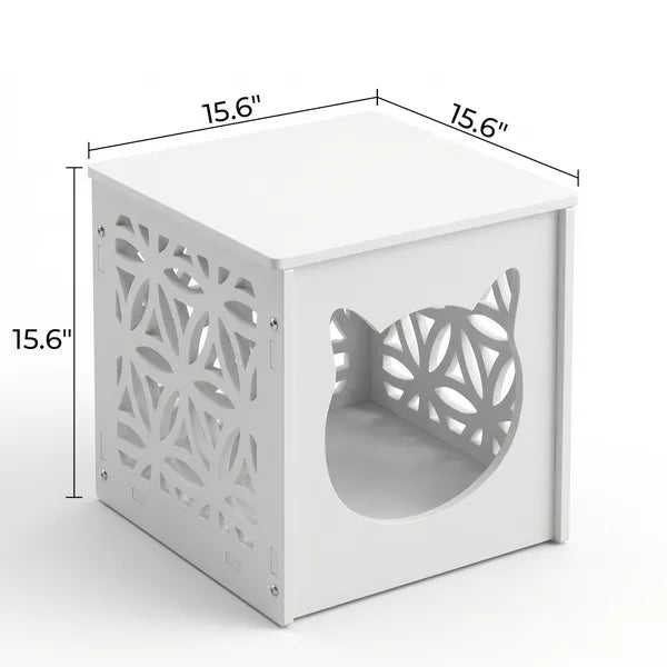 Aeelleea Pet Side Table & Cat House with Warm Light, Indoor Outdoor Cube Cat Condo, White Nightstand Style Kitty Shelter