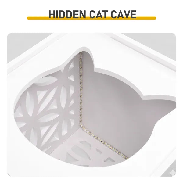 Aeelleea Pet Side Table & Cat House with Warm Light, Indoor Outdoor Cube Cat Condo, White Nightstand Style Kitty Shelter