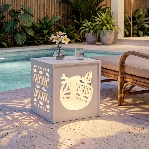 Aeelleea Pet Side Table & Cat House with Warm Light, Indoor Outdoor Cube Cat Condo, White Nightstand Style Kitty Shelter