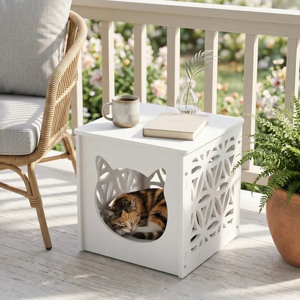 Aeelleea Pet Side Table & Cat House with Warm Light, Indoor Outdoor Cube Cat Condo, White Nightstand Style Kitty Shelter