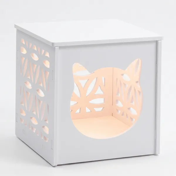 Aeelleea Pet Side Table & Cat House with Warm Light, Indoor Outdoor Cube Cat Condo, White Nightstand Style Kitty Shelter
