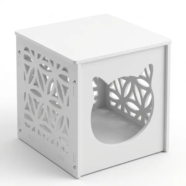Aeelleea Pet Side Table & Cat House with Warm Light, Indoor Outdoor Cube Cat Condo, White Nightstand Style Kitty Shelter