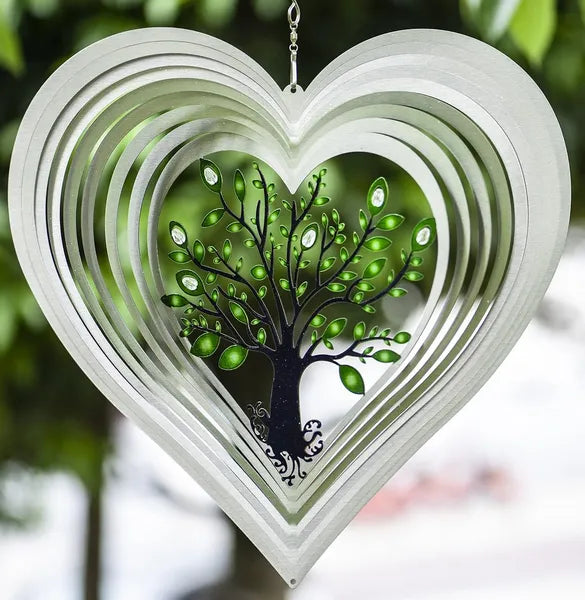 Silver Heart Wind Spinner with Crystal & Butterfly Pattern, Hanging Outdoor Yard Art, Weather Resistant Metal Decor for Garden Porch Patio