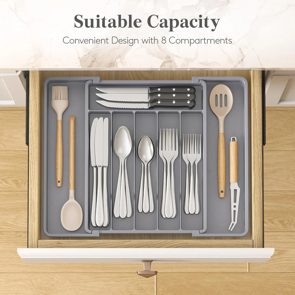 Expandable Silverware Drawer Organizer, BPA‑Free Adjustable Plastic Utensil Tray Gray for Spoons Forks Knives Kitchen Drawer Storage