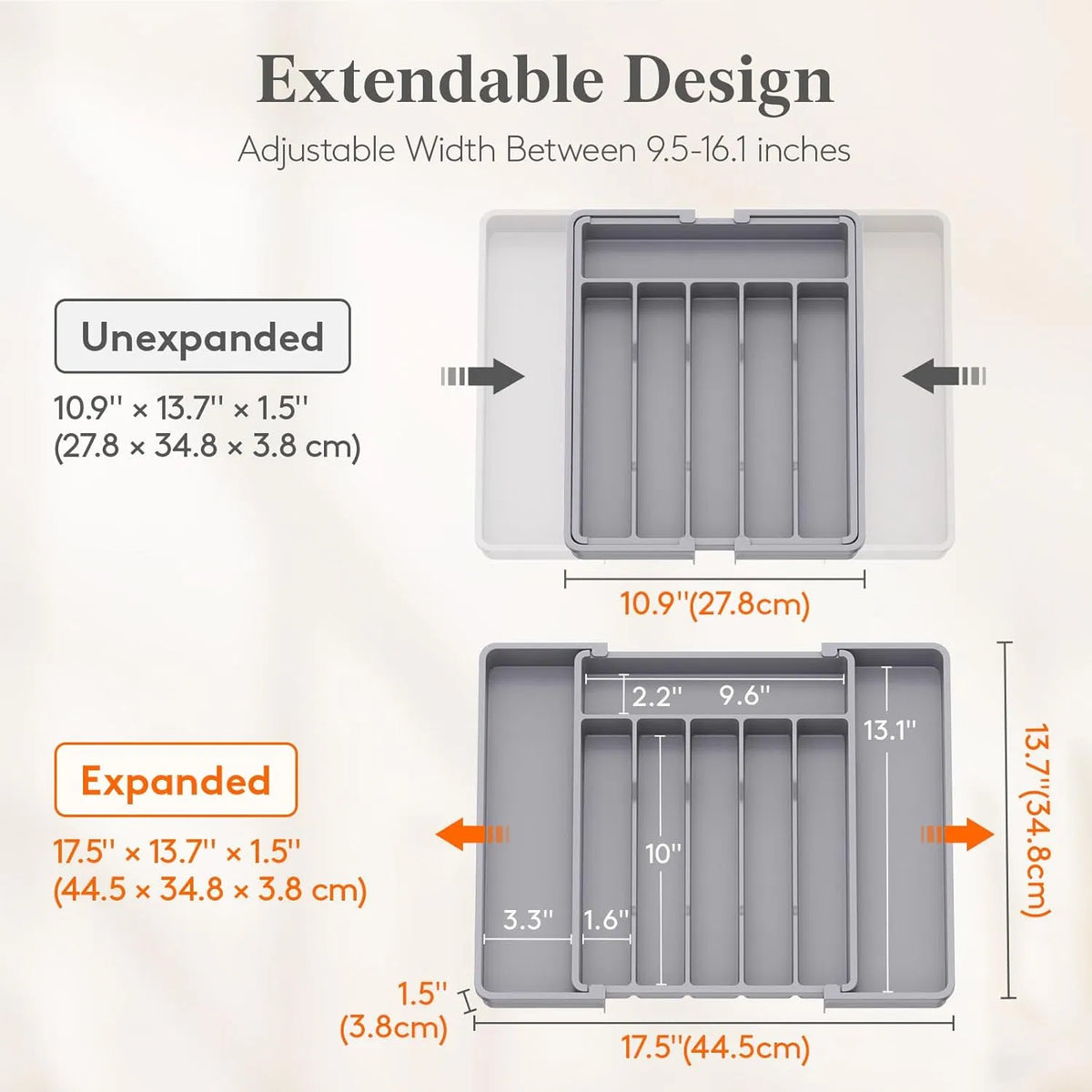 Expandable Silverware Drawer Organizer, BPA‑Free Adjustable Plastic Utensil Tray Gray for Spoons Forks Knives Kitchen Drawer Storage