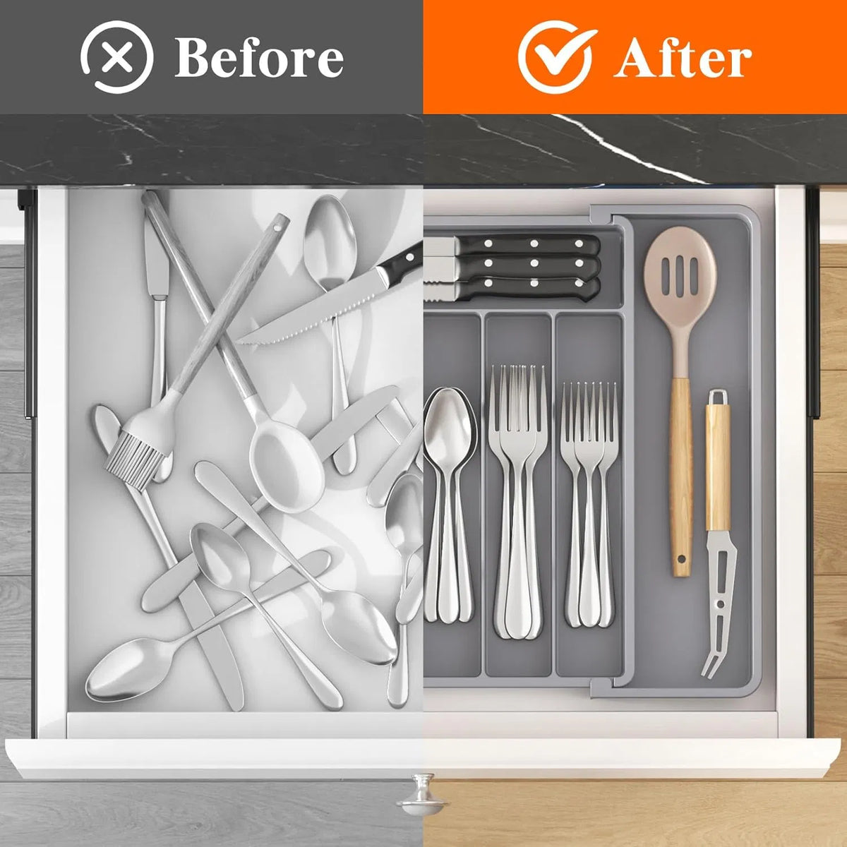 Expandable Silverware Drawer Organizer, BPA‑Free Adjustable Plastic Utensil Tray Gray for Spoons Forks Knives Kitchen Drawer Storage
