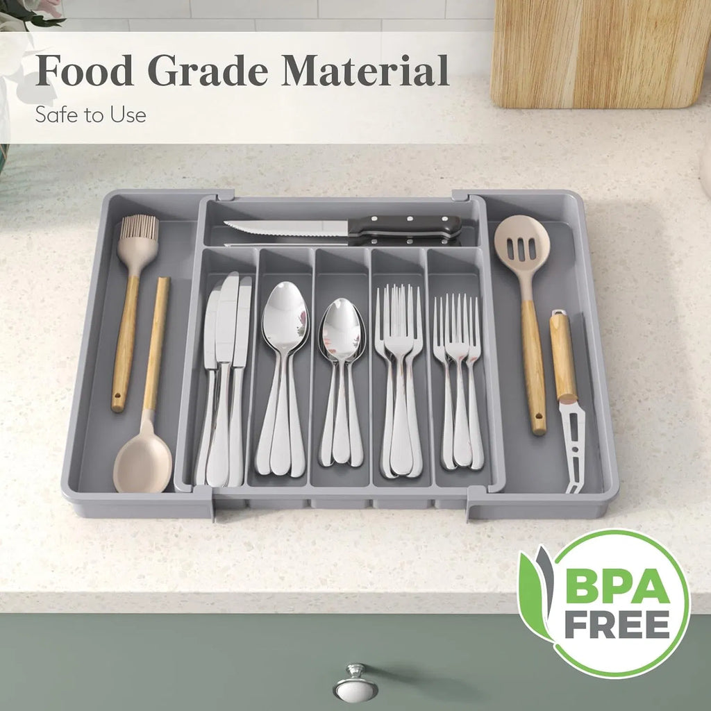 Expandable Silverware Drawer Organizer, BPA‑Free Adjustable Plastic Utensil Tray Gray for Spoons Forks Knives Kitchen Drawer Storage
