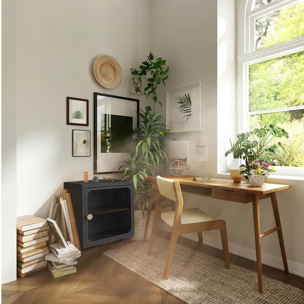 Foldable Storage Cabinet, Steel-Wood Combo with Rippled Transparent Door, Anti-Slip Tool-Free Assembly Organizer for Home