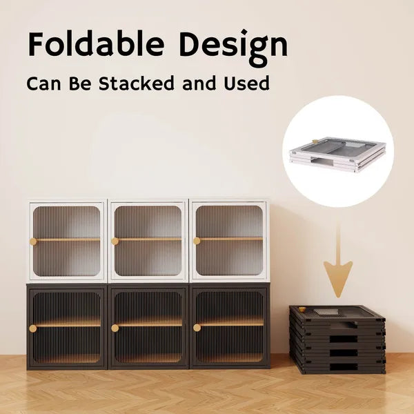 Foldable Storage Cabinet, Steel-Wood Combo with Rippled Transparent Door, Anti-Slip Tool-Free Assembly Organizer for Home