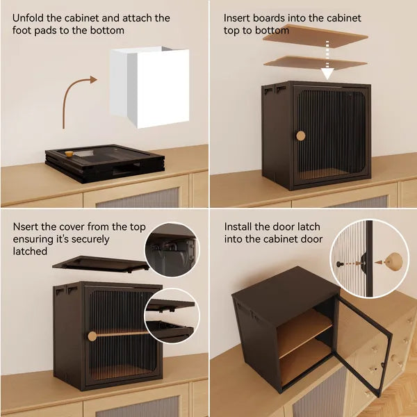 Foldable Storage Cabinet, Steel-Wood Combo with Rippled Transparent Door, Anti-Slip Tool-Free Assembly Organizer for Home