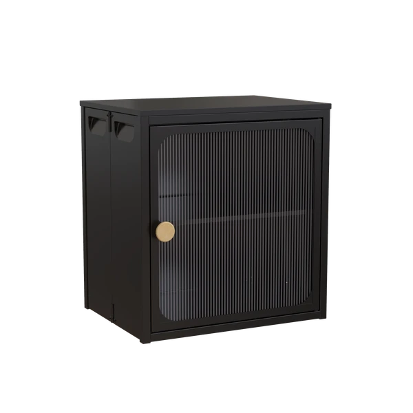 Foldable Storage Cabinet, Steel-Wood Combo with Rippled Transparent Door, Anti-Slip Tool-Free Assembly Organizer for Home