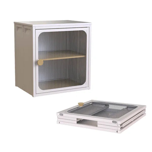 Foldable Storage Cabinet, Steel-Wood Combo with Rippled Transparent Door, Anti-Slip Tool-Free Assembly Organizer for Home