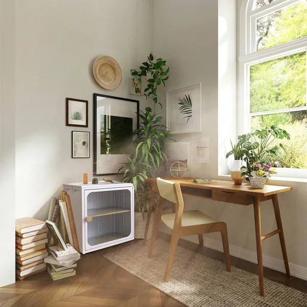Foldable Storage Cabinet, Steel-Wood Combo with Rippled Transparent Door, Anti-Slip Tool-Free Assembly Organizer for Home