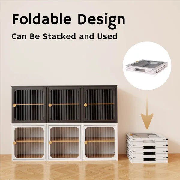 Foldable Storage Cabinet, Steel-Wood Combo with Rippled Transparent Door, Anti-Slip Tool-Free Assembly Organizer for Home